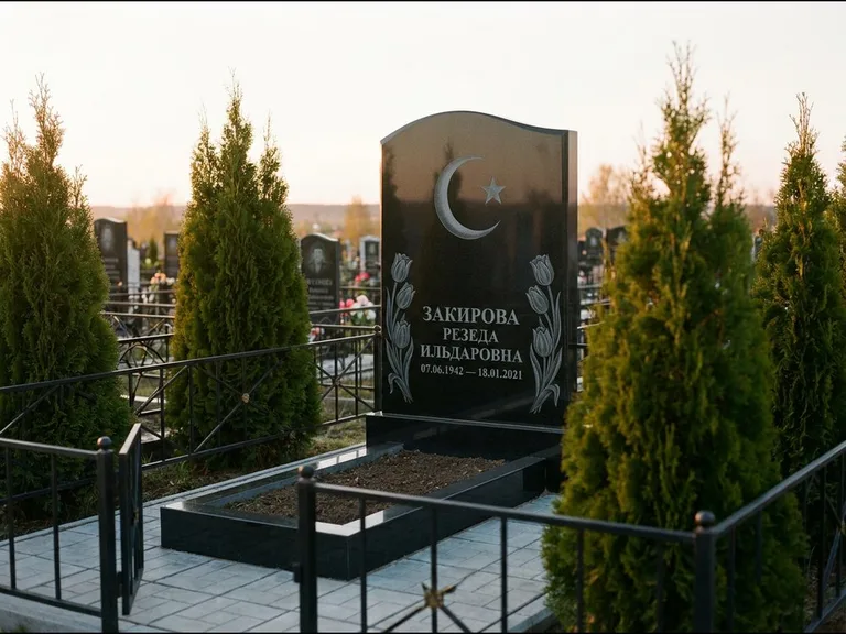 Памятник с гравировкой полумесяца — гравировка полумесяца со звездой и тюльпанами по бокам, работа «Закирова» в Ставрополе