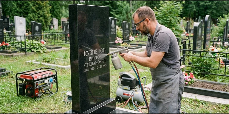 Гравировка на памятнике с выездом на кладбище в Ставрополе — мастер гравирует установленный памятник