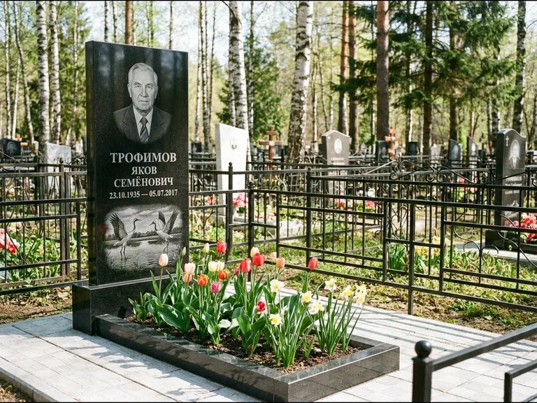Памятник с гравировкой журавлей — гравировка пары журавлей над гладью озера в нижней части, работа «Трофимов» в Ставрополе
