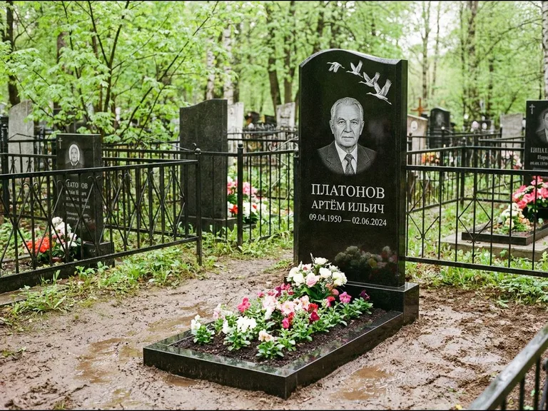 Памятник с гравировкой журавлей — белая гравировка клина журавлей, уходящего в верхний угол ст, работа «Платонов» в Ставрополе