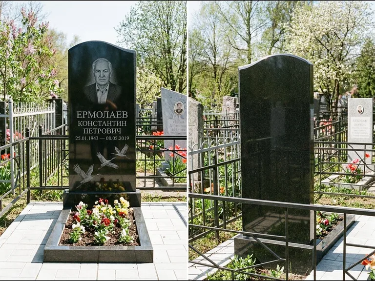 Памятник с гравировкой журавлей — гравировка трёх журавлей по диагонали через свободное поле с, работа «Ермолаев» в Ставрополе