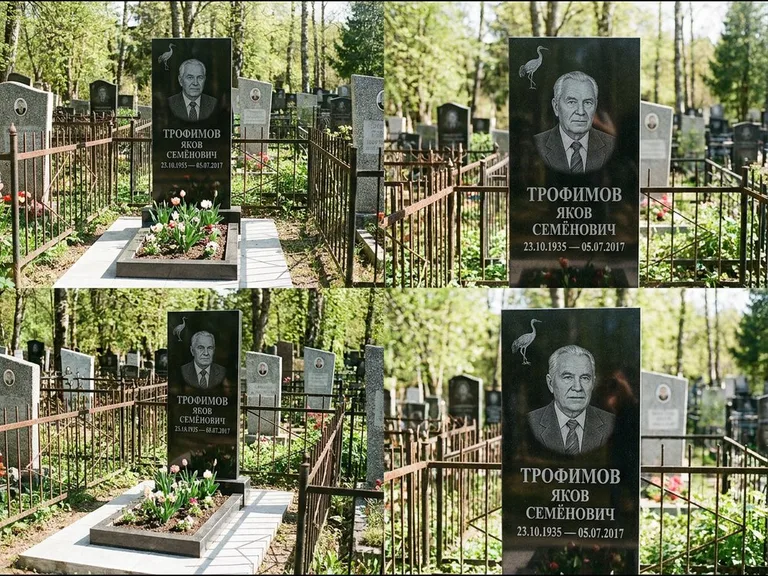 Памятник с гравировкой журавлей — гравировка одиночного летящего журавля над портретом, работа «Трофимов» в Ставрополе