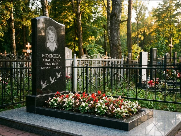 Памятник с гравировкой журавлей — гравировка трёх журавлей по диагонали через свободное поле с, работа «Рожкова» в Ставрополе