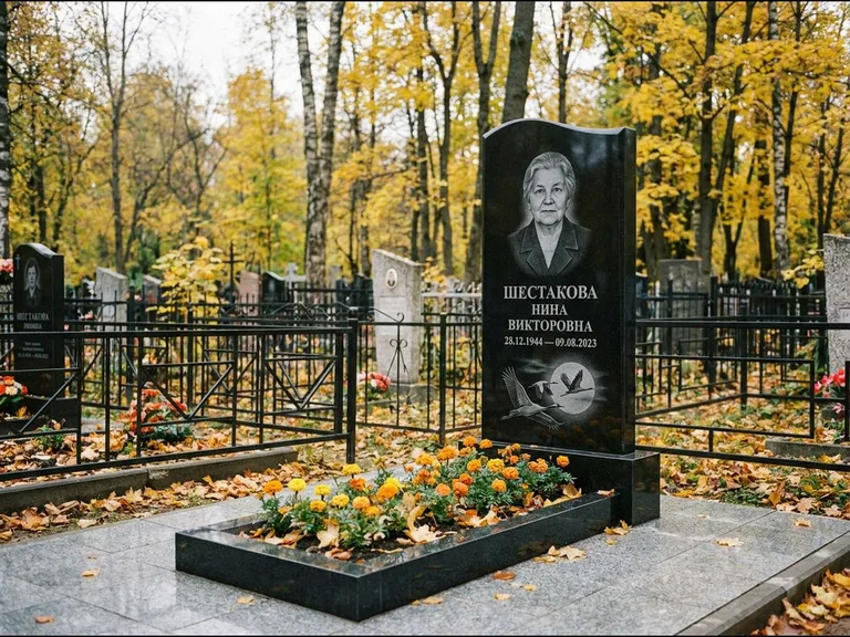 Памятник с гравировкой журавлей — гравировка клина журавлей на фоне солнечного диска, работа «Шестакова» в Ставрополе