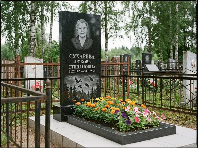 Памятник с гравировкой журавлей — гравировка силуэтов журавлей над еловым лесом, работа «Сухарева» в Ставрополе