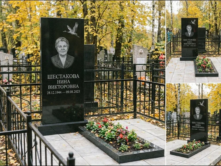 Памятник с гравировкой журавлей — гравировка одиночного летящего журавля над портретом, работа «Шестакова» в Ставрополе
