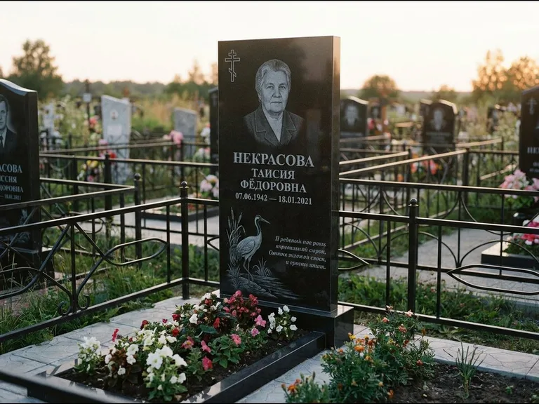Памятник с гравировкой журавлей — гравировка журавля у камышей рядом с эпитафией, работа «Некрасова» в Ставрополе
