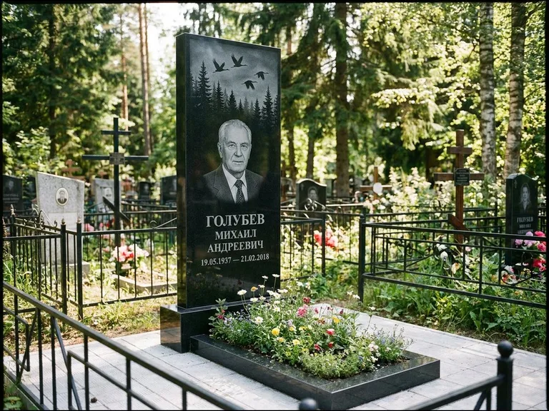 Памятник с гравировкой журавлей — гравировка силуэтов журавлей над еловым лесом, работа «Голубев» в Ставрополе