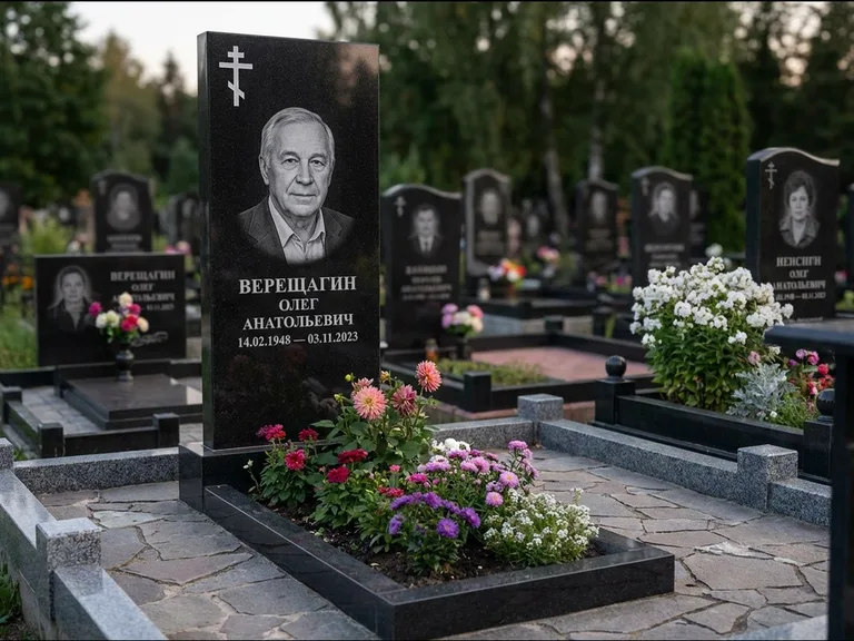 Памятник из чёрного гранита — горизонтальная плита-стела с православным восьмиконечным крестом, работа «Тихонов» в Ставрополе