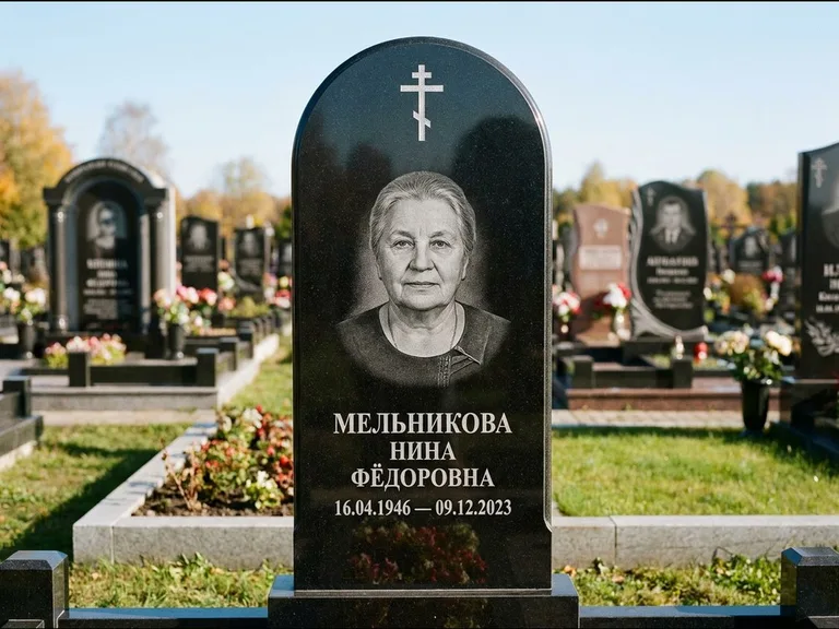 Памятник из чёрного гранита — стела с резным навершием с латинским крестом, работа «Савельева» в Ставрополе