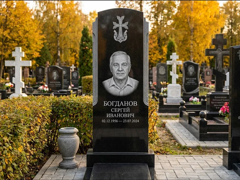 Памятник из чёрного гранита — круглая стела-медальон с армянским хачкаром, работа «Ковалёв» в Ставрополе