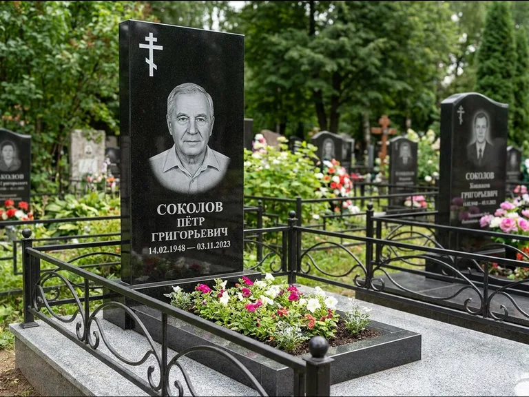 Памятник из чёрного гранита — стела с арочным верхом с православным восьмиконечным крестом, работа «Ковалёв» в Ставрополе
