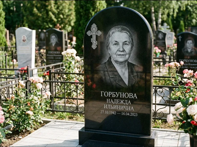 Памятник из чёрного гранита — стела с боковой колонной с крестом в лучах, работа «Мельникова» в Ставрополе