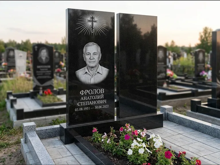 Памятник из чёрного гранита — стела на ступенчатом постаменте с золочёным крестом, работа «Богданов» в Ставрополе