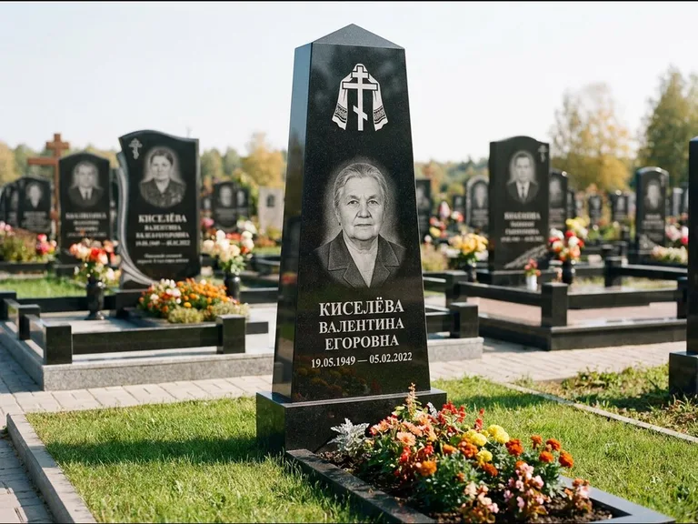 Памятник из чёрного гранита — стела со скошенным верхом с ажурным резным крестом, работа «Селезнёва» в Ставрополе