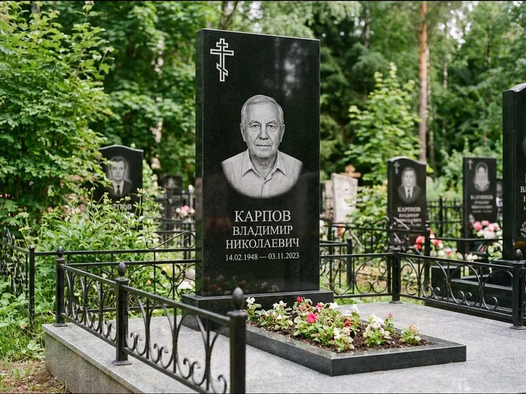Памятник из чёрного гранита — узкая стела с ажурным крестом с православным восьмиконечным крестом, работа «Гущин» в Ставрополе