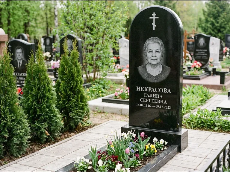 Памятник из чёрного гранита — стела с цветником-плитой с латинским крестом, работа «Лаврентьева» в Ставрополе