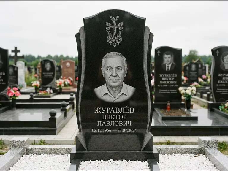 Памятник из чёрного гранита — панорамная стела с армянским хачкаром, работа «Тихонов» в Ставрополе