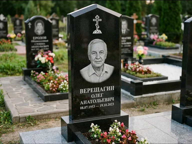 Памятник из чёрного гранита — обелиск-колонна с крестом на Голгофе, работа «Ковалёв» в Ставрополе
