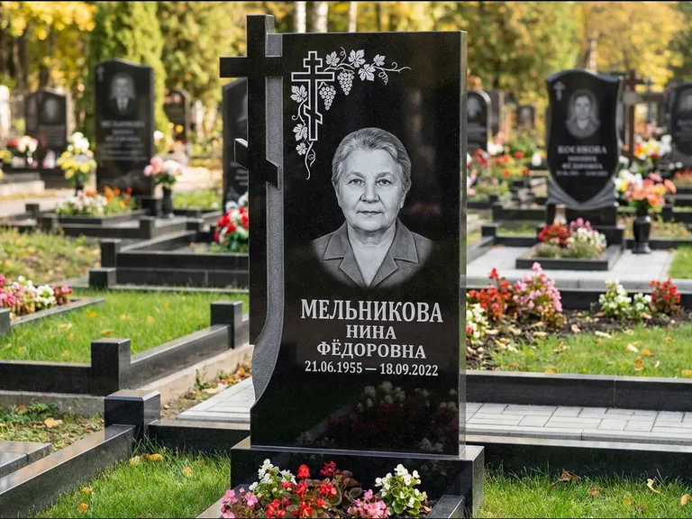 Памятник из чёрного гранита — стела с резной рамкой с крестом с распятием, работа «Некрасова» в Ставрополе