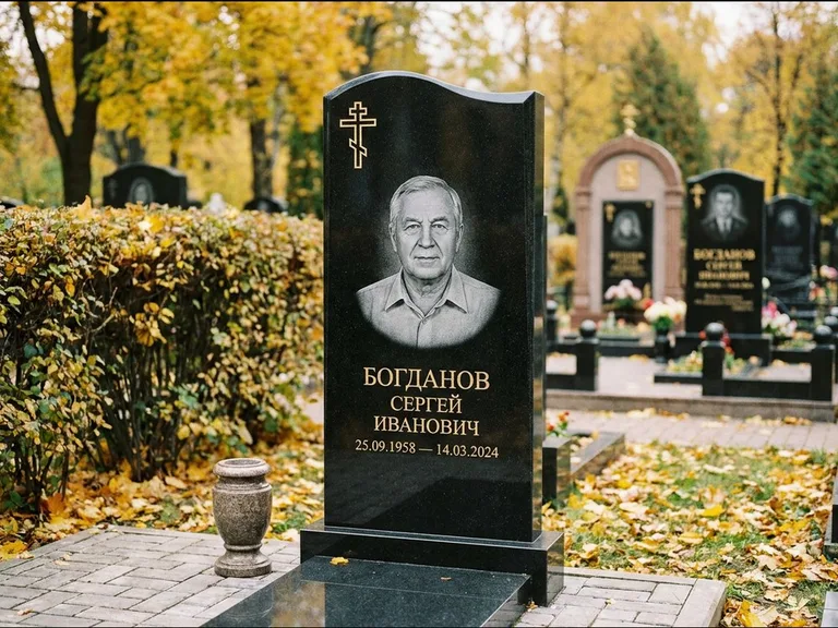 Памятник из чёрного гранита — стела с цветником с процветшим крестом с виноградной лозой, работа «Журавлёв» в Ставрополе