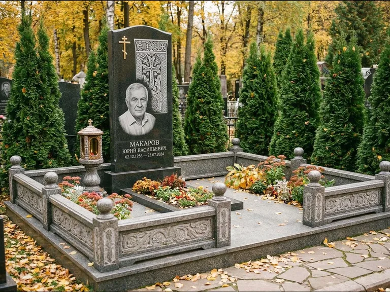 Памятник из чёрного гранита — стела с крестом и лампадой с армянским хачкаром, работа «Гущин» в Ставрополе
