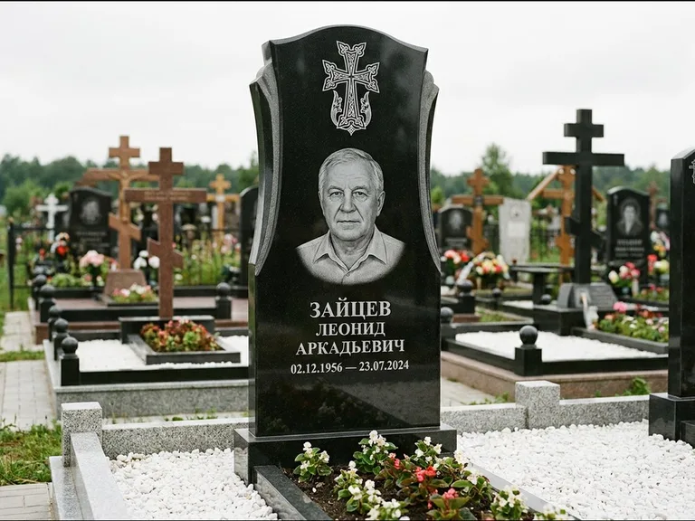 Памятник из чёрного гранита — семейная стела на двоих с армянским хачкаром, работа «Журавлёв» в Ставрополе