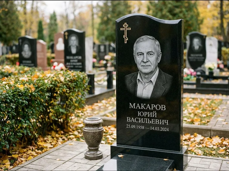 Памятник из чёрного гранита — фигурная стела с киот-нишей с процветшим крестом с виноградной лозой, работа «Богданов» в Ставрополе