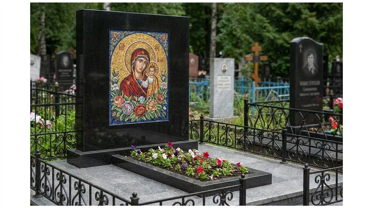 Мозаика на памятник в Ставрополе — цветное панно из смальты на чёрной гранитной стеле