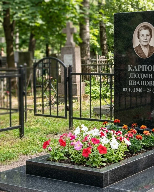Памятник под ключ с низкой оградой и цветником в Ставрополе