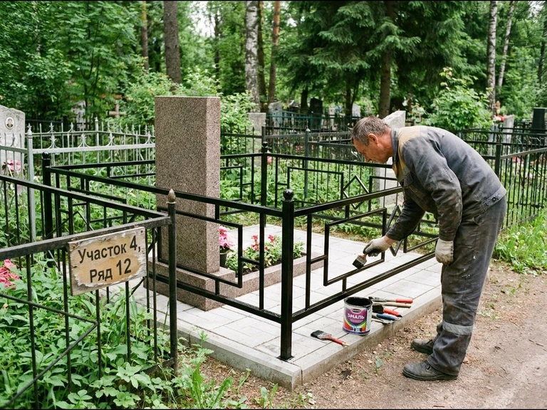 Покраска оградки на кладбище в Ставрополе — мастер красит металлическую ограду на могиле чёрной эмалью