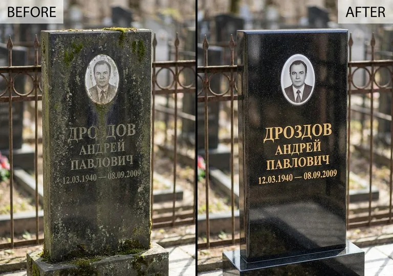 Чистка и полировка гранитного памятника: до и после в Ставрополе