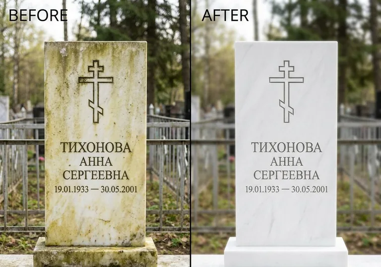 Восстановление мраморного надгробия от желтизны: до и после в Ставрополе