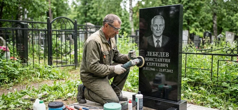 Реставрация памятника в Ставрополе — восстановление гранита, заделка трещин и обновление надписей на кладбище