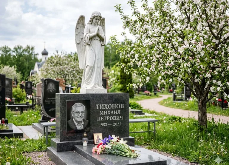 Мраморный молящийся ангел на гранитном памятнике весной в Ставрополе