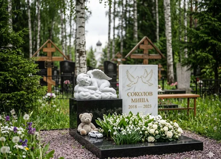 Белый ангелочек на детском памятнике в Ставрополе