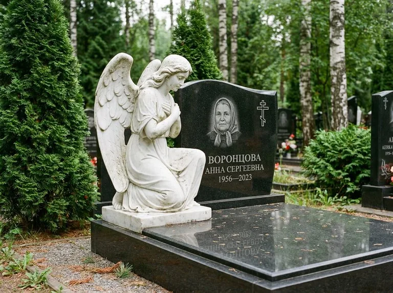 Белый мраморный ангел на гранитном памятнике в Ставрополе