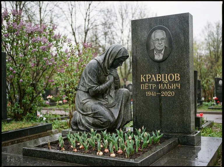 Гранитная скорбящая фигура у стелы на кладбище в Ставрополе