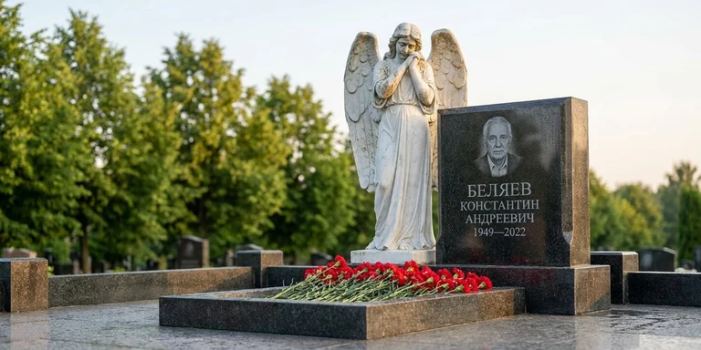 Скульптура на памятник в Ставрополе — мраморный ангел на гранитном мемориале