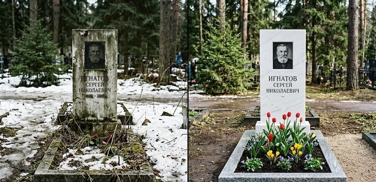 Диптих №6: высадка хризантем у подножия серого гранита — до и после уборки в Ставрополе
