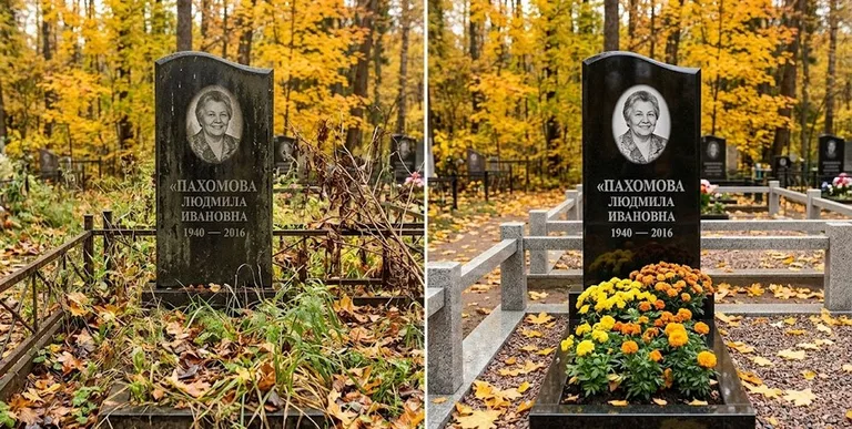 Уборка могилы до и после осенью — клёны в Ставрополе