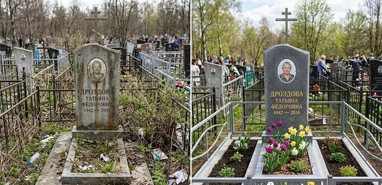Диптих №4: свежепокрашенная серебром оградка и отмытый красный гранит — до и после в Ставрополе