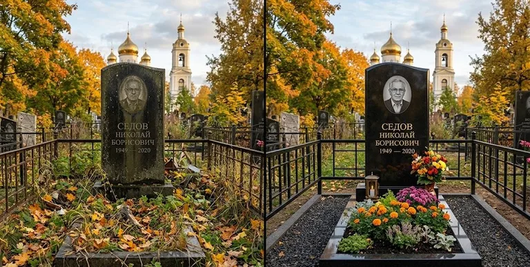 Уборка могилы до и после осенью — у церкви в Ставрополе