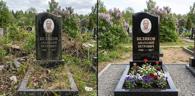 Уборка могилы до и после весной — цветущая сирень в Ставрополе