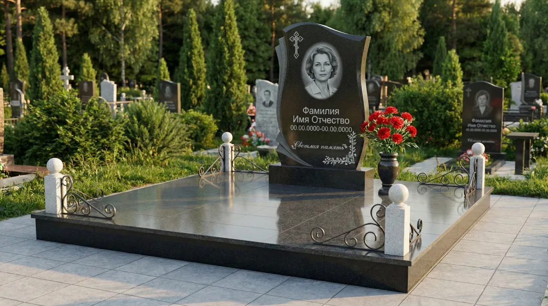 Памятник маме из коричневого гранита, фигурная стела с портретом и крестом, кованая ажурная оградка с шарами Памятник маме из коричневого гранита, фигурная стела с портретом и крестом, кованая ажурная оградка с шарами
