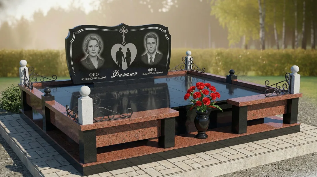 Памятник родителям из чёрного гранита, двойная стела, два портрета, сердце с силуэтами, кованая ограда Памятник родителям из чёрного гранита, двойная стела, два портрета, сердце с силуэтами, кованая ограда
