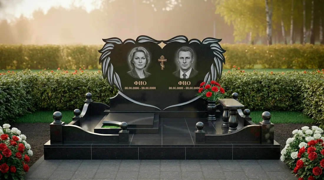 Памятник родителям горизонтальный из чёрного гранита, два портрета рядом, красные розы в вазе Памятник родителям горизонтальный из чёрного гранита, два портрета рядом, красные розы в вазе
