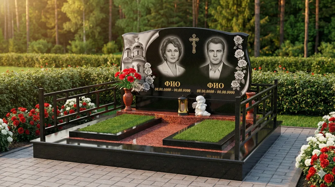 Памятник родителям из чёрного гранита, два портрета по бокам резного креста, белая мраморная балюстрада Памятник родителям из чёрного гранита, два портрета по бокам резного креста, белая мраморная балюстрада