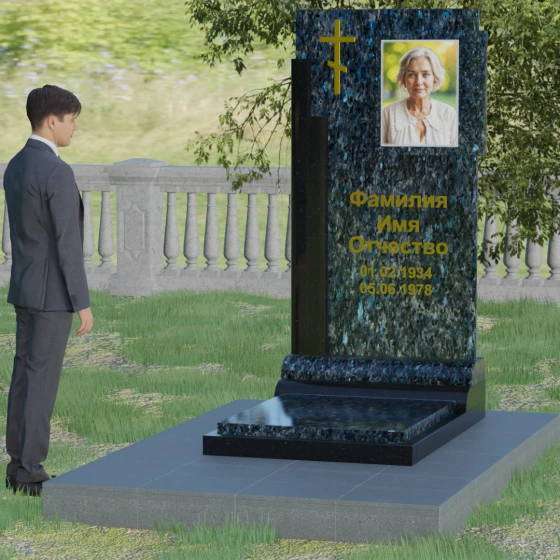 Православный вертикальный памятник с крестом из гранита амфиболит в Ставрополе, гранит Блю Перл, вид 3