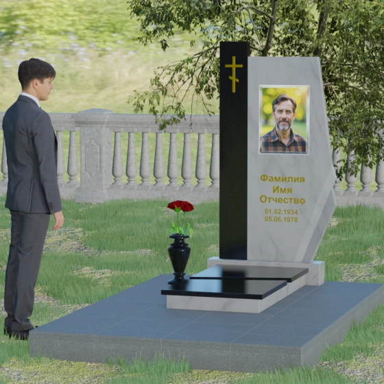 Комбинированный памятник с колонной из красного гранита, мрамор Тассос, вид 3